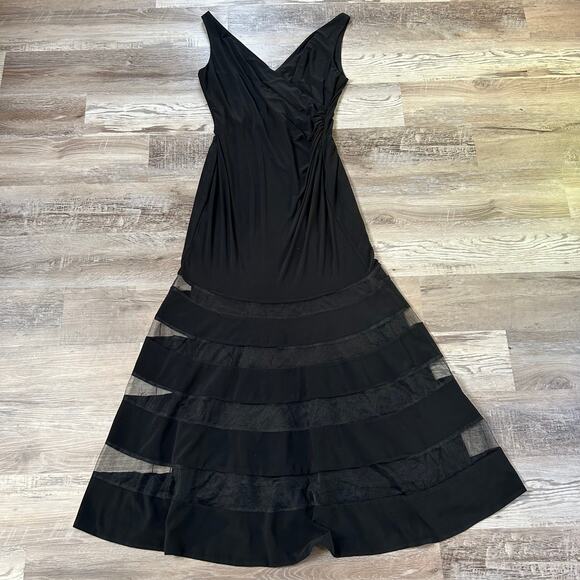 Lauren Ralph Lauren Black Mesh Panel Evening Gown Size 16 Sheer Mermaid Formal - Picture 2 of 8